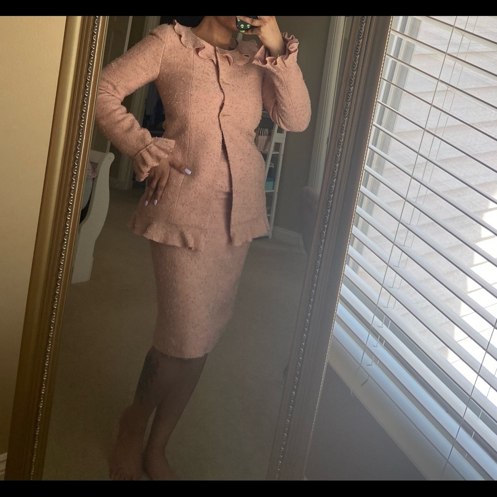 CHANEL Light Pink Tweed Wool Blazer & Skirt Suit